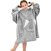 Ramees Wearable Blanket Hoodie for Kids, Sherpa Oversized Sweatshirt Blanket Flannel with Hood Pocket and Sleeves (Grey)