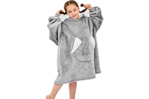 Ramees Wearable Blanket Hoodie for Kids, Sherpa Oversized Sweatshirt Blanket Flannel with Hood Pocket and Sleeves (Grey)