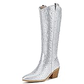 IDIFU IN3 Rhinestone Cowboy Boots For Women Knee High Western Cowgirl Boots Pointed Toe Block Chunky Heels Sparkly Glitter Long Tall Dress Booties Party Bling Shiny Boots
