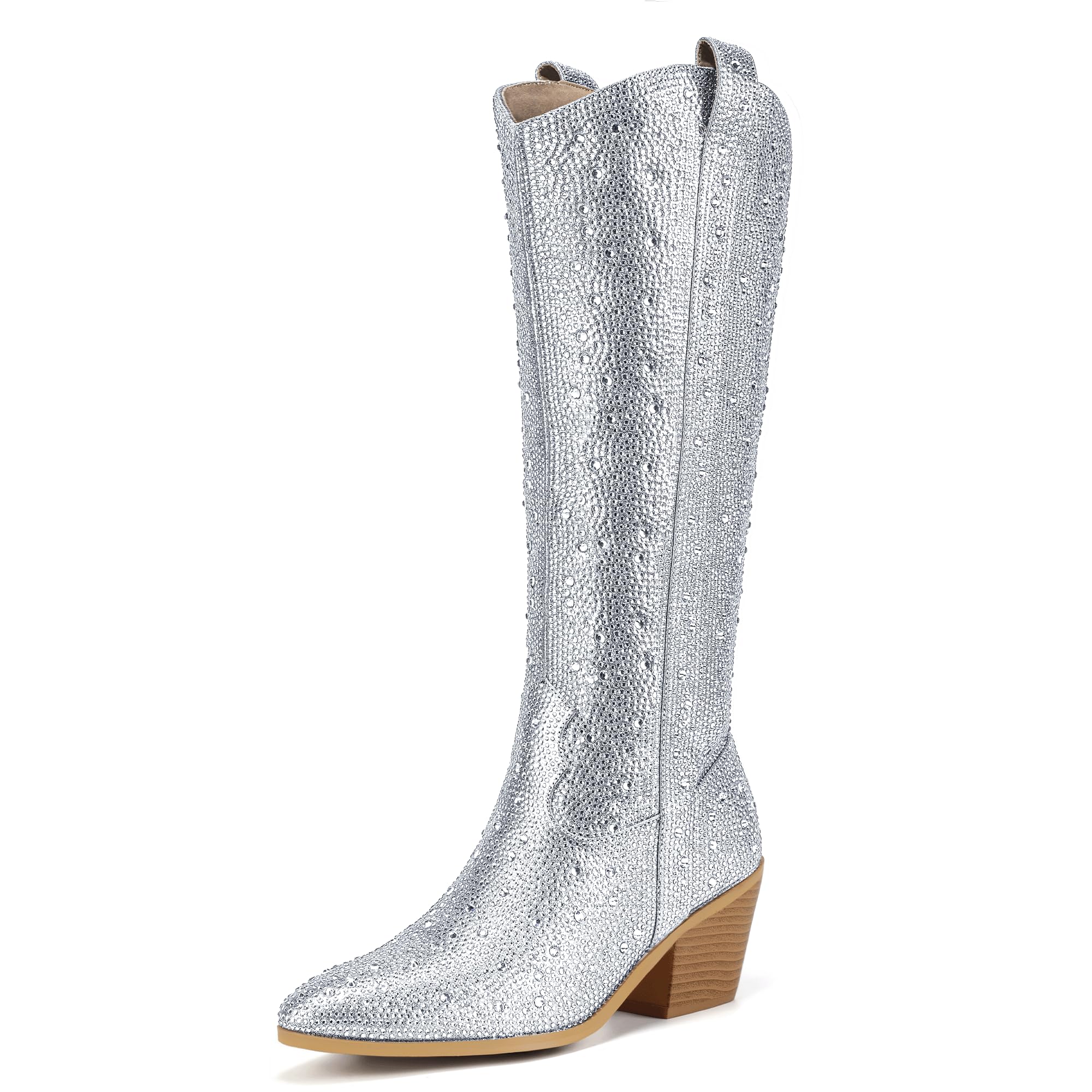 Photo 1 of IDIFU IN3 Rhinestone Cowboy Boots for Women Knee High Western Cowgirl Boots Pointed Toe Block Chunky Heels Sparkly Glitter Long Tall Dress Booties Party Bling Shiny Boots(Rhinestone, 9)