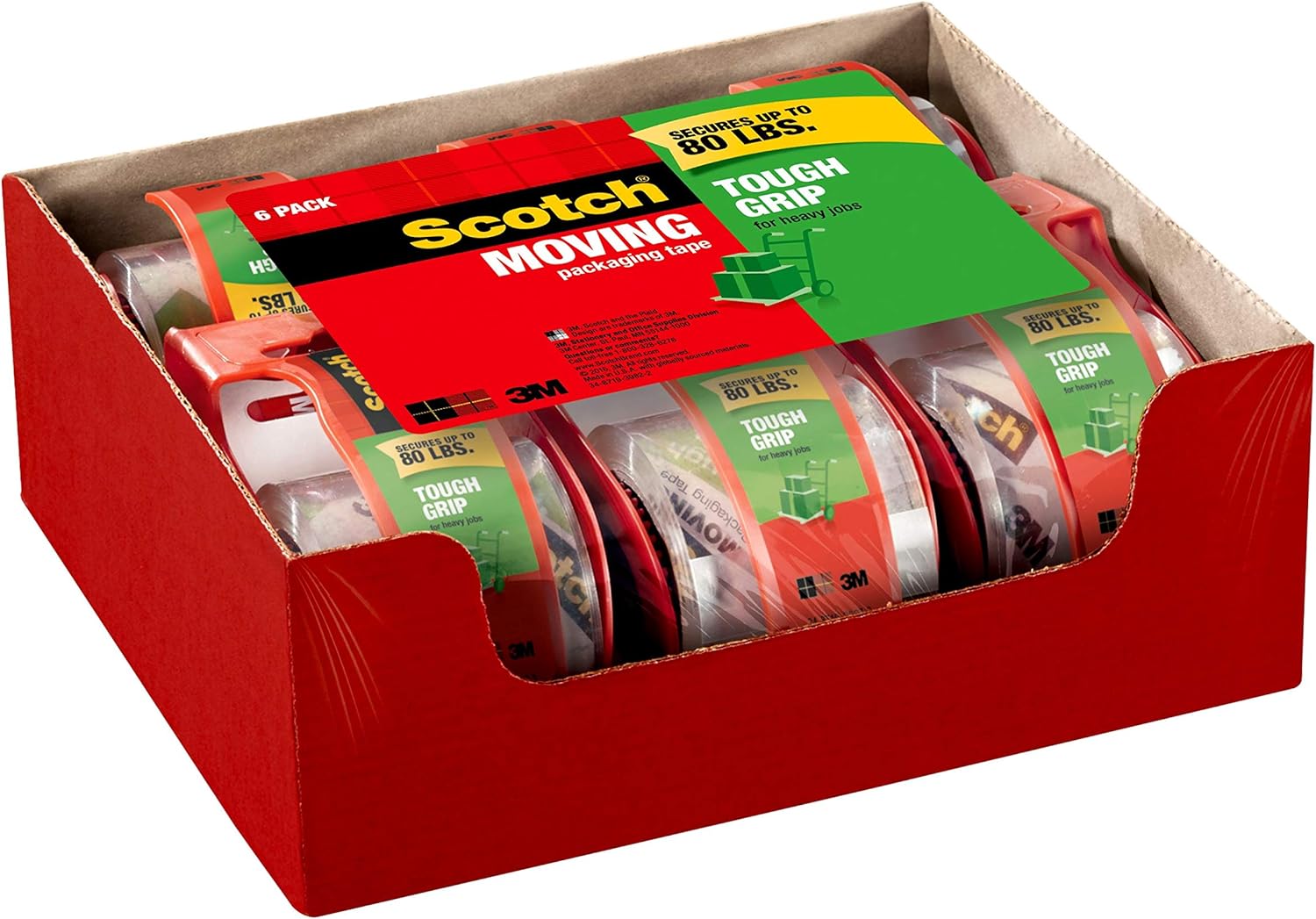 Scotch Tough Grip Shipping Packaging Tape, 6 Rolls with Dispenser, 1.88" x 22.2 Yards, 1.5" Core, Great for Packing, Shipping & Moving, Clear (150-6) : Office Products