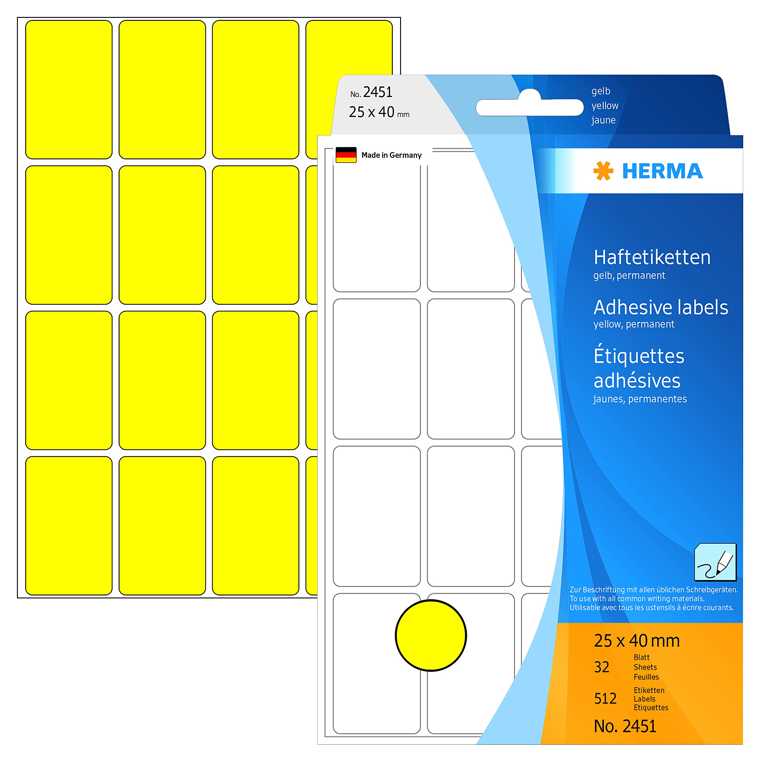 HERMA Multi Purpose Labels, 16 Labels per Sheet, 32 Sheets, 25 x 40 mm, 512 Labels, Self Adhesive Small Labels Stickers, Blank Sticky Labels for Office Kitchen Home, Yellow