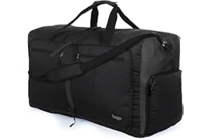 Bago Large Foldable Duffel Bags for Traveling Women & Men - 80L Packable Duffle Bag for Travel with Shoe Compartment - Water Repellant, Heavy Duty, Lightweight Folding & Collapsible (All Black)