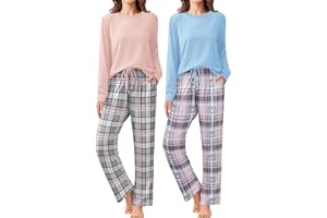 Ekouaer 2 Pack Women Pajama Long Sleeve Sleepwear Soft Loungewear Pjs Sets with Pockets S-XXL