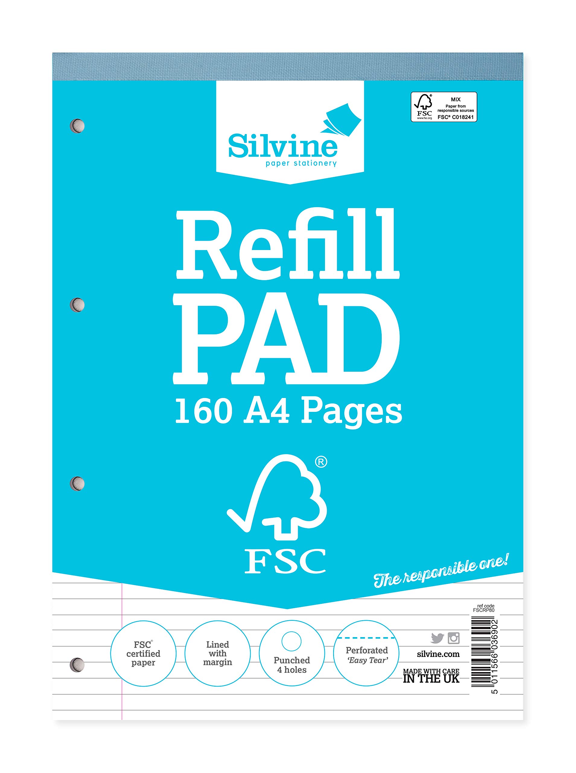 Silvine A4 Everyday FSC Refill Pad. Lined with Margin, 160 Pages of FSC Certified Paper. Ref FSCRP80, Blue, A4 Refill Pad