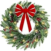 22 Inch Christmas Wreaths for Front Door, Christmas Wreath with Lights,Red Bow, Pinecones, Berries, Artificial Holiday Wreath for Indoor Outdoor Wall, Window, Porch Decor