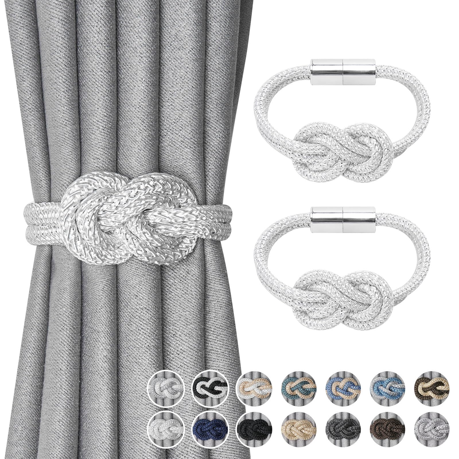 Pretty Jolly 2 Pack Mini Magnetic Curtain Tiebacks Nordic Simple Style Drape Tie Backs Elegant Hand Weave Rope Knot Decorative Curtain Holdbacks for Home & Office Window Drapery (White)