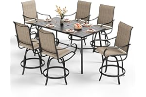 PHI VILLA 7 Piece Outdoor Bar Set, Counter Height Patio Bar Furniture Rectangle Dining Table and 6 Swivel Bar Stools Chairs with Brown Textilene Fabric for Garden,Yard and Deck