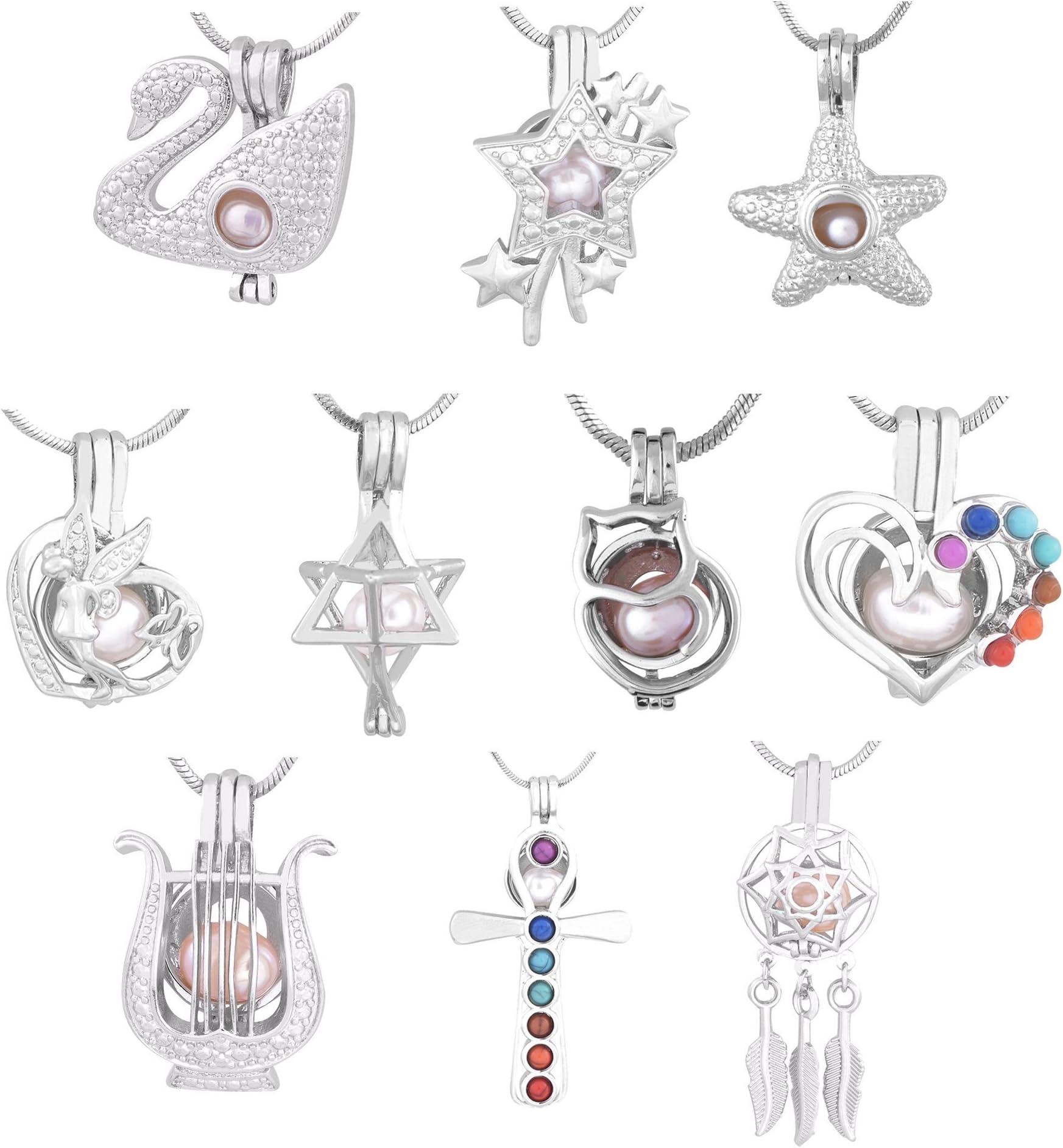 Cherri Wave 10 Pieces White Gold Plated Pearl Bead Cages Pendants for Jewelry Making/Essential Oil Scent Diffuser Locket Pendants (003)