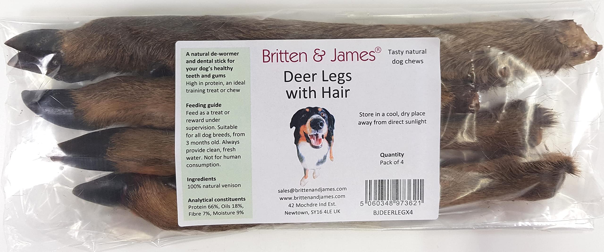 4 Deer Legs with Hair for Dogs by Britten and James. 100% Natural Venison De-Wormer and Dental Stick. A Long Lasting Healthy Dog Chew Treat