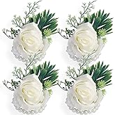 WEIERYUE Artificial Flowers White Rose Wrist Flowers and Men's Corsage Wedding Flowers Ceremony (4pcs White Wrist Corsages)