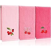 Tingjoo 3 Pcs Cherry Hand Towels 14x29 Inch Spring Summer Pink Preppy Bow Cherries Bathroom Decor Cotton Embroidered Soft Absorbent Towels for Bathroom Kitchen