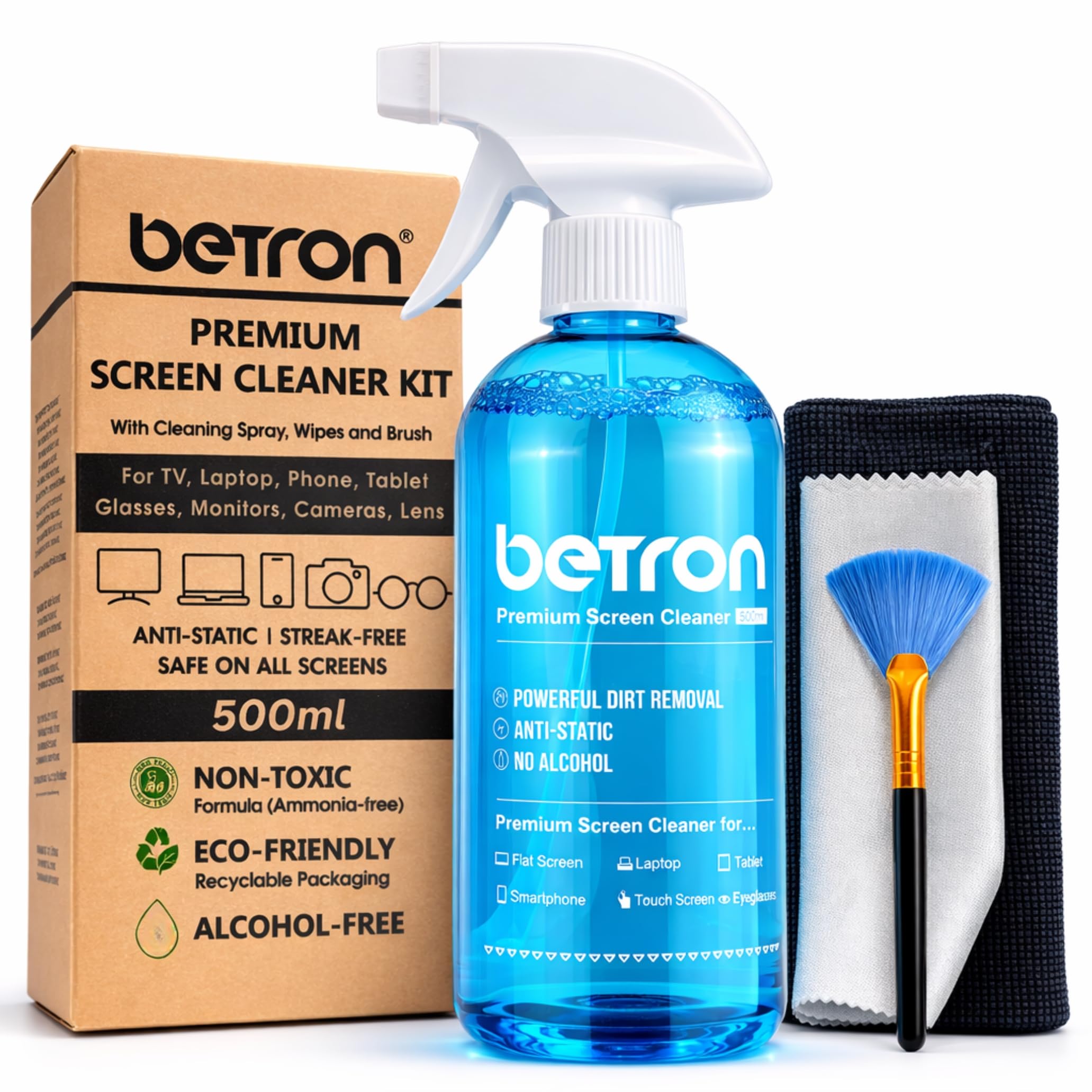 Betron Screen Cleaner Spray (500ml) Alcohol Free with Microfibre Wipes and Brush for LCD LED OLED TV, Smartphone, iPad, Laptop, Macbook