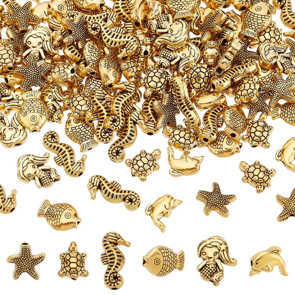 PH PandaHall 120pcs 6 Styles Ocean Theme Beads Sea Creature Beads Mermaid Dolphin Beads Starfish Turtles Beads Animals Fish Beads Tibetan Spacer Beads for DIY Bracelet Keychain Jewellery Making