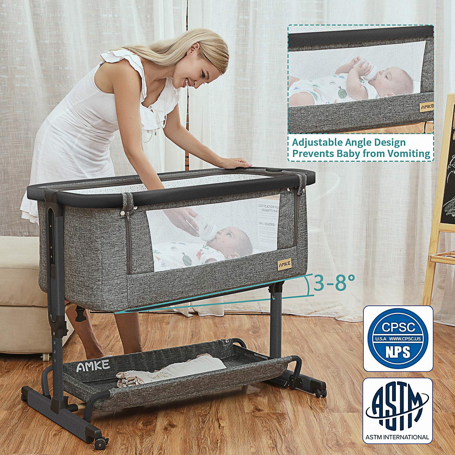 AMKE Baby Bassinet Bedside Sleeper - Adjustable Height, All-Mesh, Portable With Wheels (Gray)