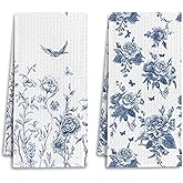 IRTAGANNY Chinoiserie Floral Kitchen Towels, Grandmillennial Flower Dish Tea Towels for Kitchen Decor, Blue and White Bird Botanical Decorative Hand Towel for Bathroom, 16x24 Inches Set of 2