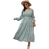 KOJOOIN Womens Kojooin Women Plus Size V Neck Wrap Dress High Waist Long Sleeves Ruffle Hem Casual Maxi Dress with Belt