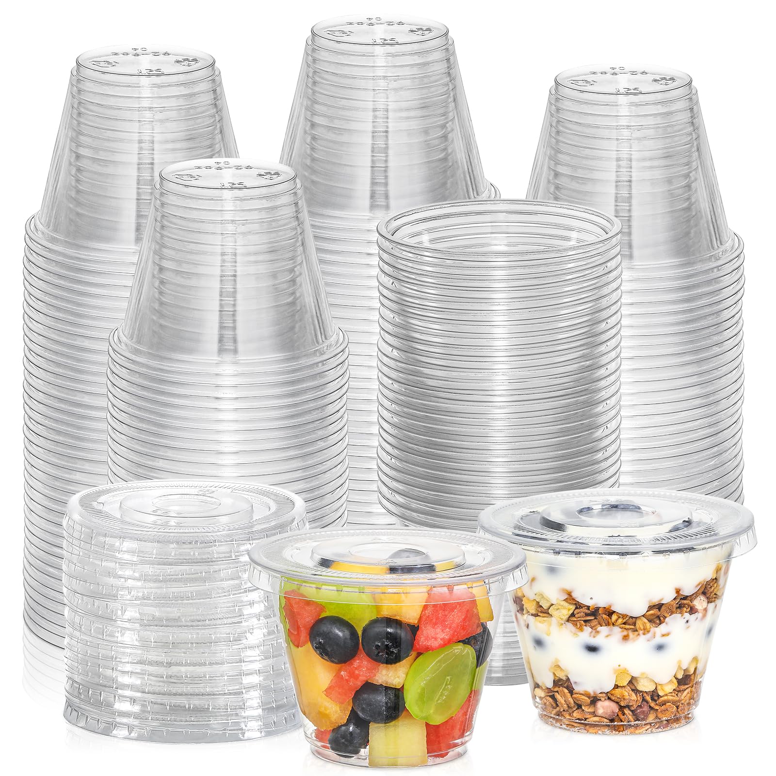 View 1 of AOZITA [50 Sets, 9 oz Clear Plastic Cups With Flat Lids No Hole, Disposable Cups With Lids for Ice Cream, Pudding, Cake, Snacks Smoothie, Milkshake, Cold Drinks