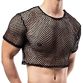 Men's Fishnet Crop Tops Mesh T Shirt See Through Undershirt Nightwear Sheer Shirt