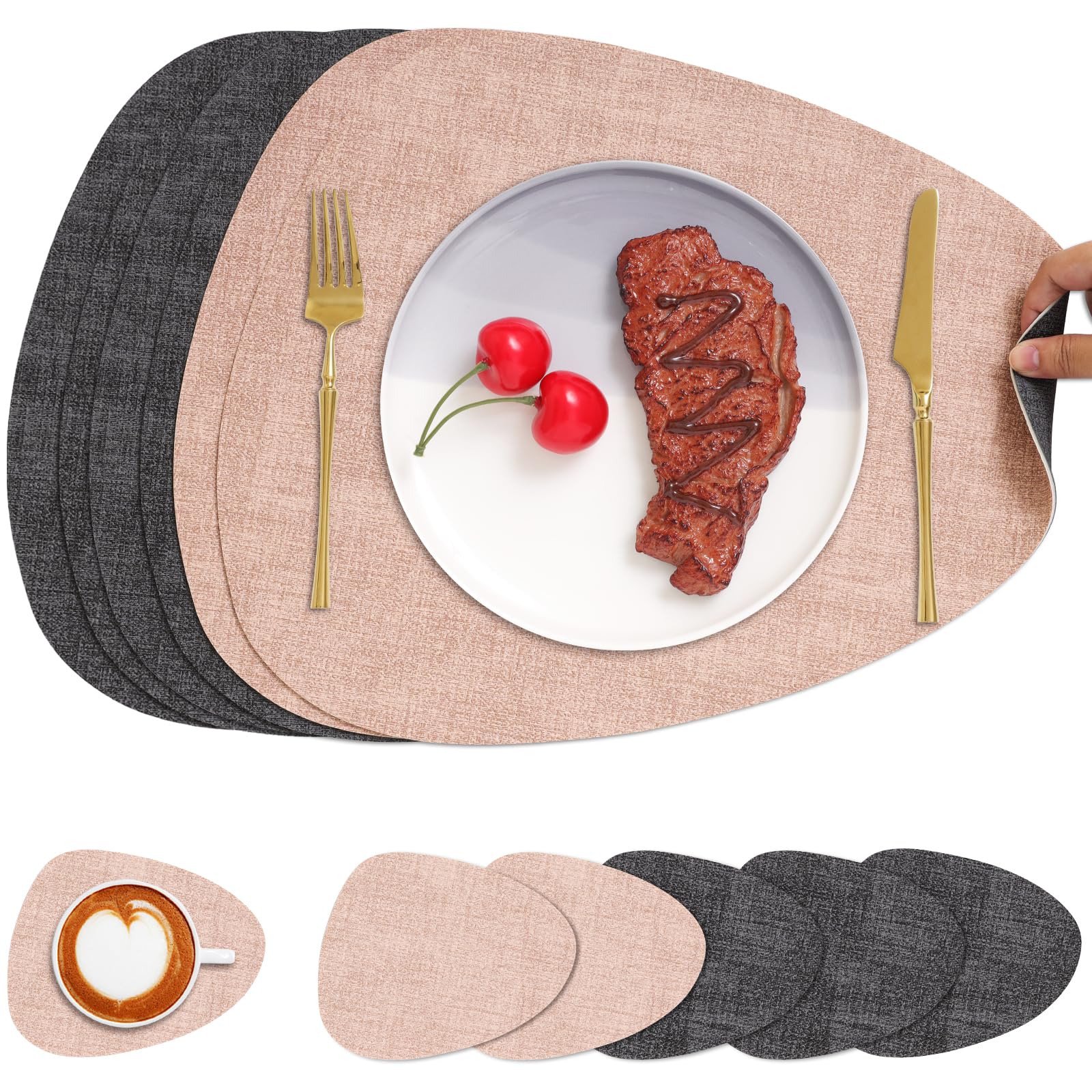 Chitomars Placemats and Coaster Set of 6, Place Mats Table Mats Coffee Mats Placemats set of 6 Triangle Waterproof Wipeable Dual Sided Kitchen Heat Resistant Non-Slip Washable