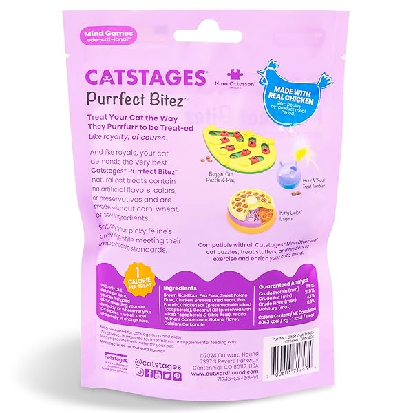 CATSTAGES BY NINA OTTOSSON PURRFECT BITEZ NATURAL CRUNCHY CAT TREATS FOR PUZZLES, TOYS, FEEDERS, & TRAINING, USA-MADE, REAL CHICKEN FLAVOR, 4OZ