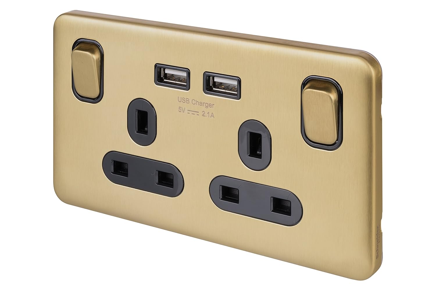 Schneider Electric Lisse Screwless Deco 2G 13A Sw SO SP w/ 2USB BSB, USB, Satin Brass, 2 Gangs, Satin Brass/Black Insert - Image 3