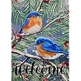 Covido Home Decorative Welcome Winter Bluebirds Garden Flag, Snow House Yard Pine Tree Branches Red Berry Outside Decoration, Snowflake Christmas Farmhouse Outdoor Small Flag Decor Double Sided 12x18