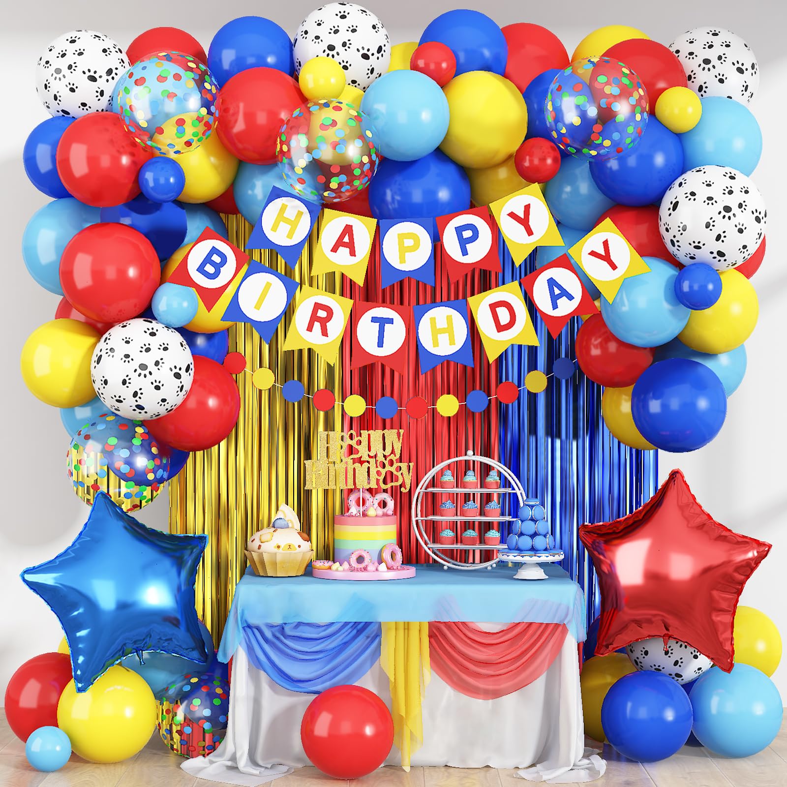 Birthday Decorations for Boys, Dog Party Decorations Red Yellow Light Blue Star Foil Balloons Happy Birthday Banner Fringe Curtain Backdrop for Kids Boy Carnival Cartoon Theme Party Supplies โ image 1