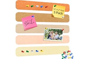 HAUTOCO Cork Board Bulletin Board Bar Strips 5-Pack 13"x2" Self Adhesive Felt Pin Board with 20 Push Pins for Home Office Bed