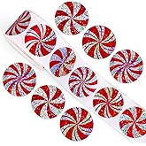 Whaline Christmas Candy Stickers Roll Holographic Seal Stickers Red Peppermint Candy Waterproof Self-Adhesive Decals for Xmas Holiday Envelope Journal Decor, 500 Pcs