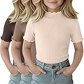 LessonZoo 3 Pack Girls Mock Turtleneck Cotton Ribbed Shirts Short Sleeve Slim Lettuce Trim Tops Kids Casual Cute Basic Tees