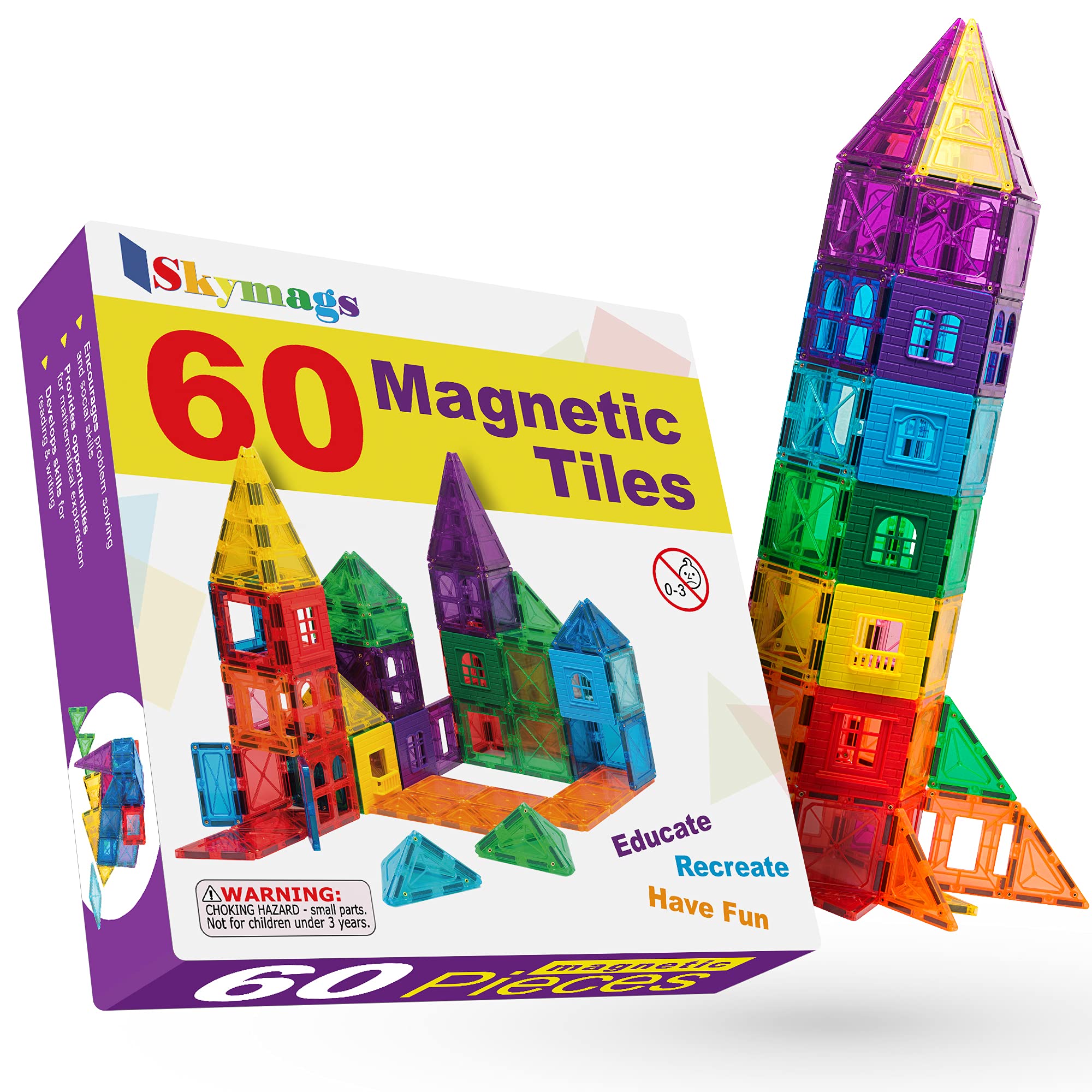 SKYMAGS Magnetic Blocks Building Tiles 60 Piece Set 3D Clear Color with Strong Magnets Developes Kids Imagination, Inspiration and Fine Motor Skills in Children