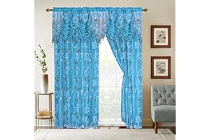 GLORY RUGS Flower Curtain Window Panel Set Luxury Curtains with Attached Valance and Sheer Backing Living Room Bedroom Dining 55x84 Each Balsam Collection (55x84, Blue)