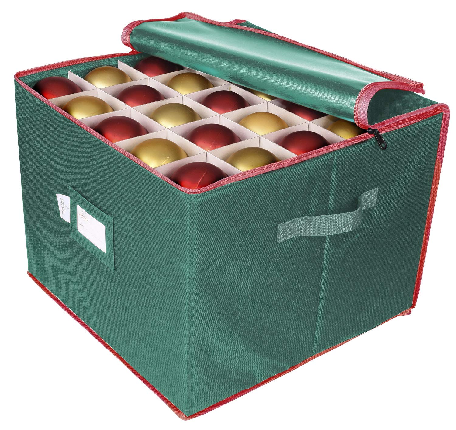 ProPik Xmas Bauble Decorations Storage Box, Holds Up to 75 Tree Ornament Balls, Holiday Ornaments Organiser, Divided on 3 Trays with Dividers to Organize Durable 600D Oxford Material (Green)