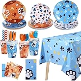 Cute Blue Dog Birthday Party Supplies Serves 20 Guests, 161CT Blue&Orange Dog Paw Print Party Dinnerware Dcorations, Pretty Puppy Plate, Tablecloth, Napkin, Cup for Birthday, Kids’Party, Baby Shower