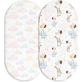 Muslin Bassinet Fitted Sheets, 2 Pack for Baby Boy and Girl, Soft Breathable Baby Pad/Mattress Sheet, Fit for Hourglass Oval and Rectangle Bassinet Mattress (Cute Animals)