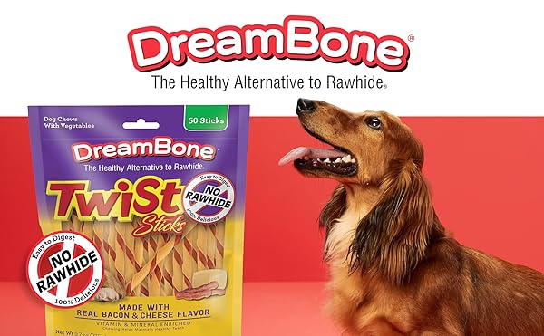 DREAMBONE TWIST STICKS, MADE WITH REAL BACON AND CHEESE FLAVOR, RAWHIDE-FREE CHEWS FOR DOGS, 50 COUNT