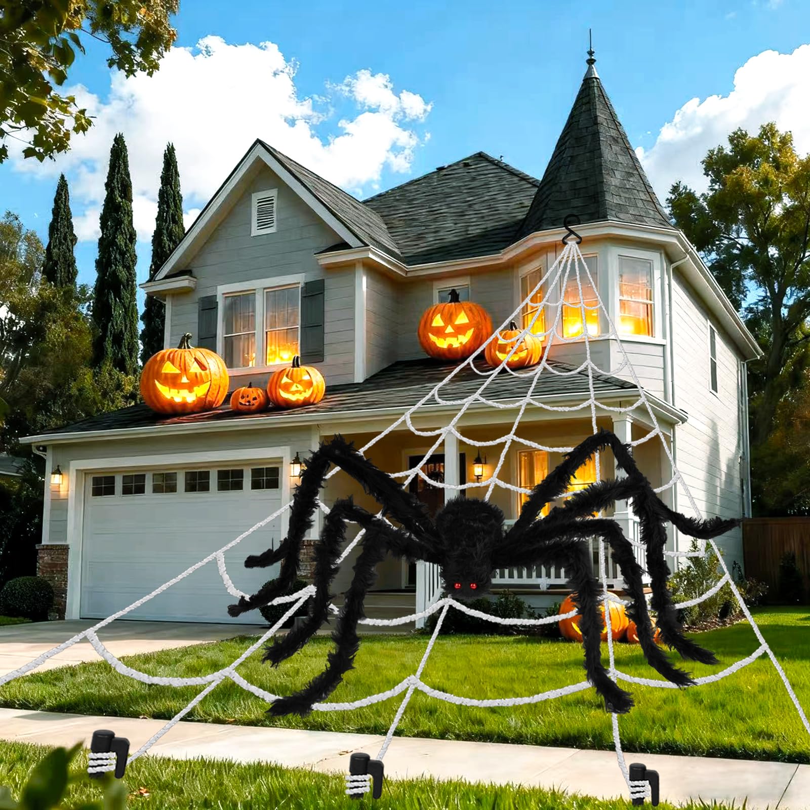 Photo 1 of Halloween Decorations Spider Web Set, 200 "*188" Triangle Giant Spider Web & Realistic 59" Large Black Hairy Scary Spider for Indoor Outdoor Porch Yard,Scary Haunted House Décor,Halloween Party Props
