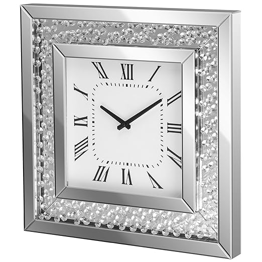 Mirrored Wall Clock Square Bevelled Mirror Glass With Crystal Jewels 50