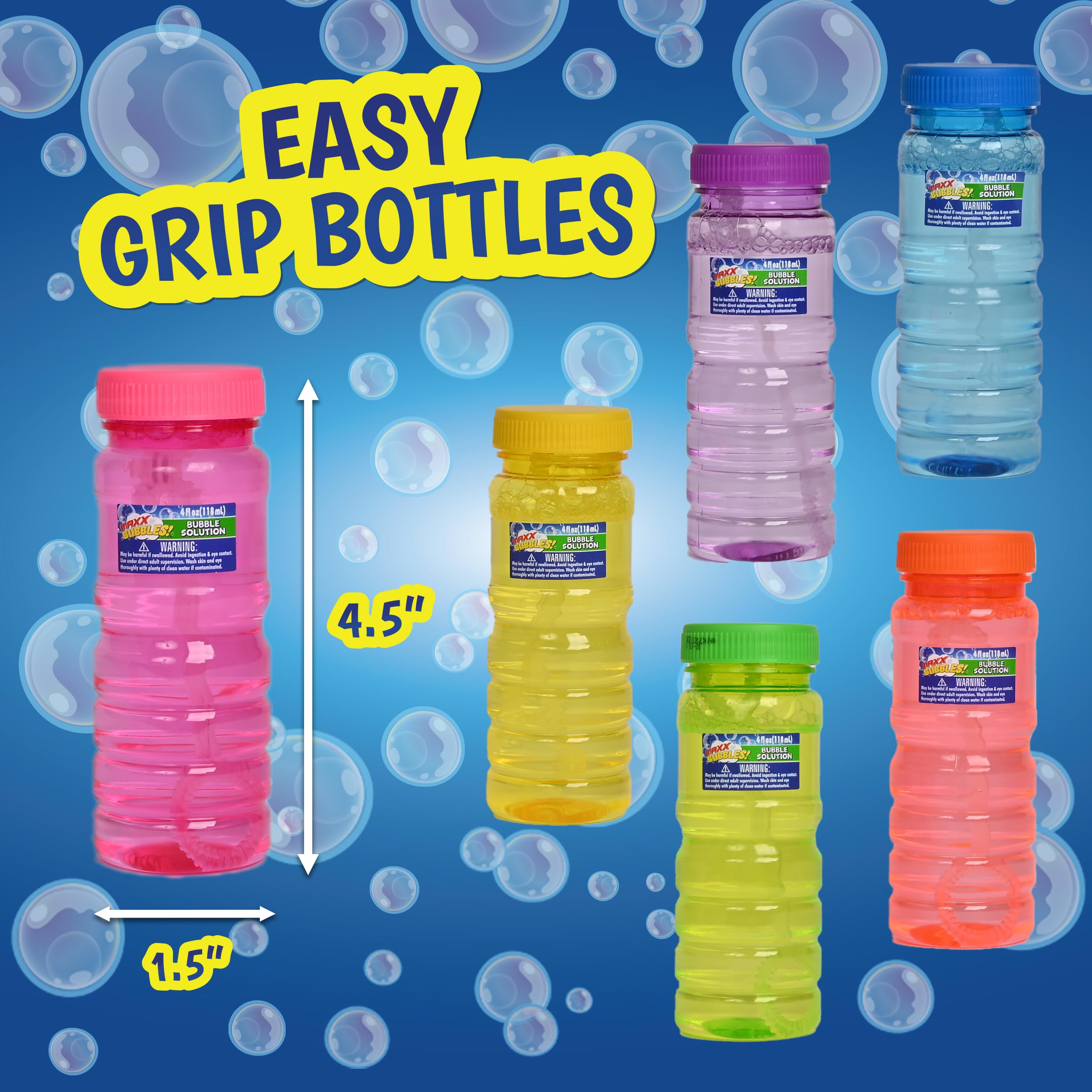 Sunny Days Entertainment 6 Pack Bubble Solution – 4oz Bubble Blower Bottles with 6-Hole Wand | Bottle of Bubble Solution for Kids | Birthday Party Favor Toy - Maxx Bubbles