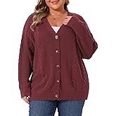 Agnes Orinda Plus Size Women's V Neck Button Down Cardigan Sweaters Long Sleeve Knit Cardigans Casual Oversized Jacket