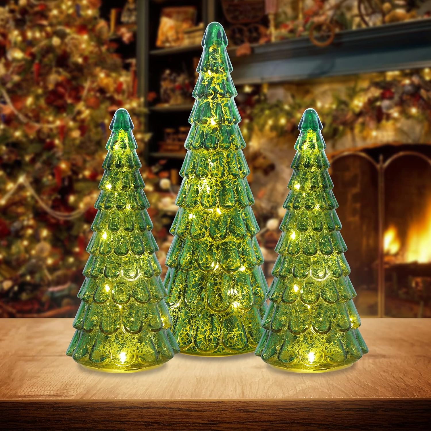 Trees - PHITRIC Christmas Decorations for The Home, 3 pcs Sparkling Glass Christmas Tree with LED Lights and Timer, Tabletop Christmas Tree Decor, Xmas Tree Decorations for Fireplace, Home Decor Indoor