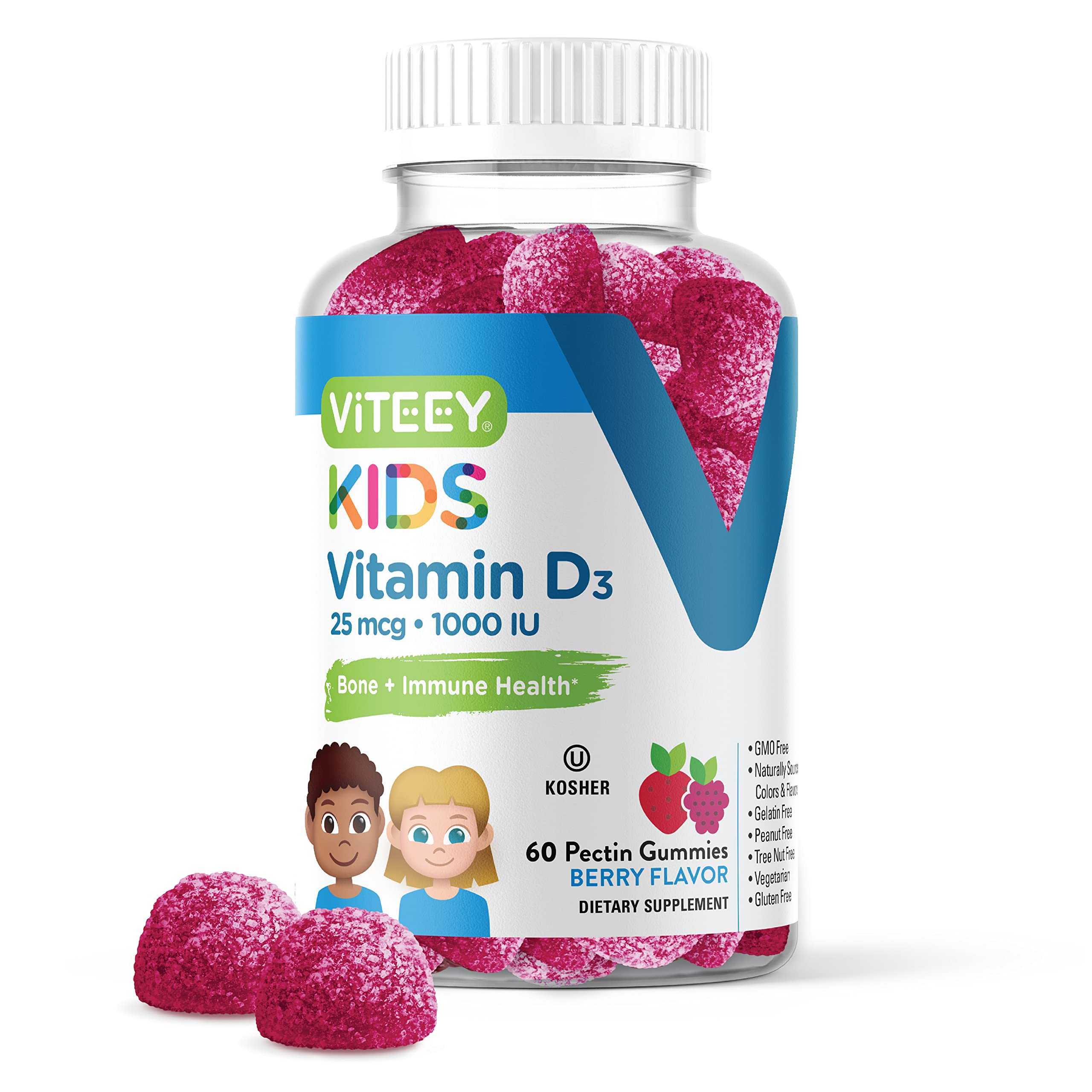 Vitamin D3 Kids Gummies 25mcg 1000 IU - Bone Health, Immune Health, Joint Muscle Support - Vegetarian, Gelatin Free, Gluten Free, GMO Free - Tasty Chewable Berry Flavored Gummy