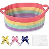 COMSE Small Woven Basket with Gift Bags and Ribbons, Gift Basket Empty, Cotton Rope Storage Organizer, Baby Toy Box with Handles, 12" x 8" x 5", Rainbow