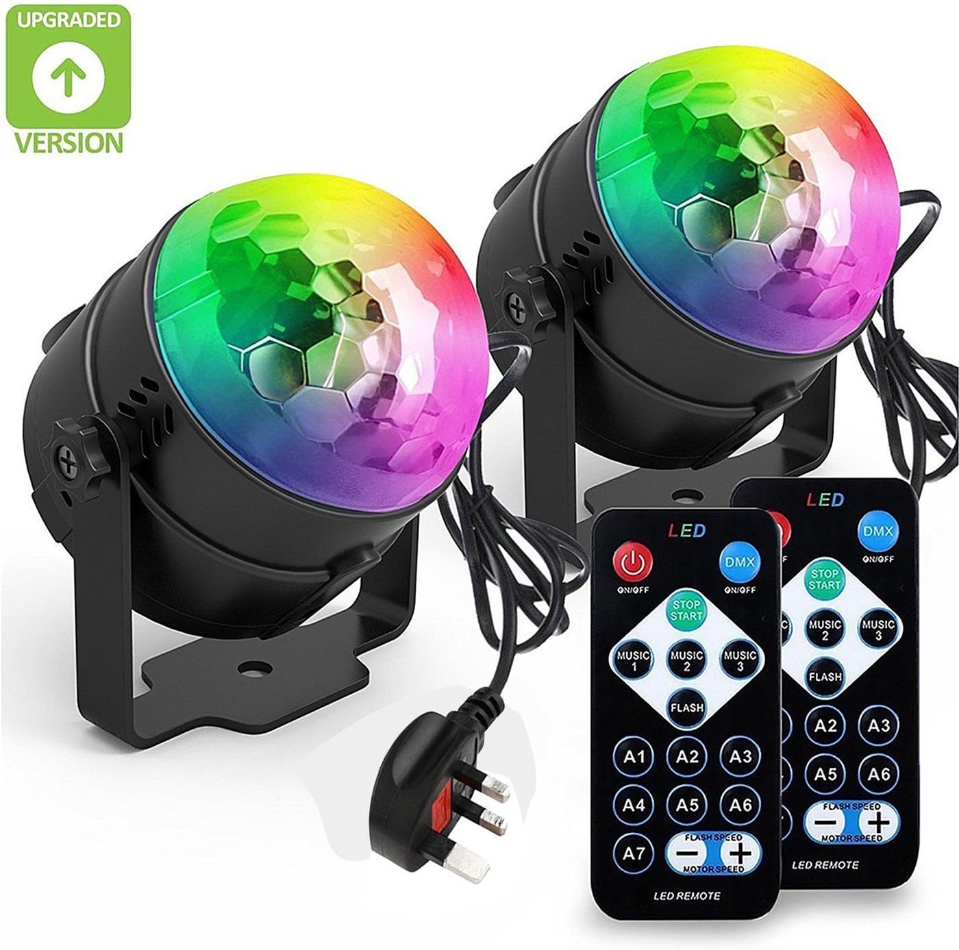 BLISSO Party Lights Sound Activated Disco Ball Strobe Light,Xmas Party Lights,7Colors Stage Lights 3W LED Strobe Light for Bar Club DJ Karaoke Wedding Show Birthday Decoration Outdoor[2-PACK][UK-PLUG]