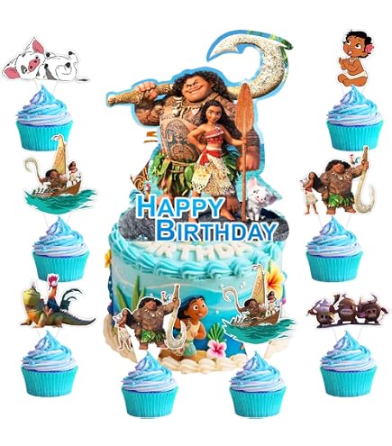 Huaxintoys – Déco Gâteau Hawaïenne Vaiana – 25 Pièces – Topper Happy Birthday, Voiliers, Fleurs – Party Thème Océan