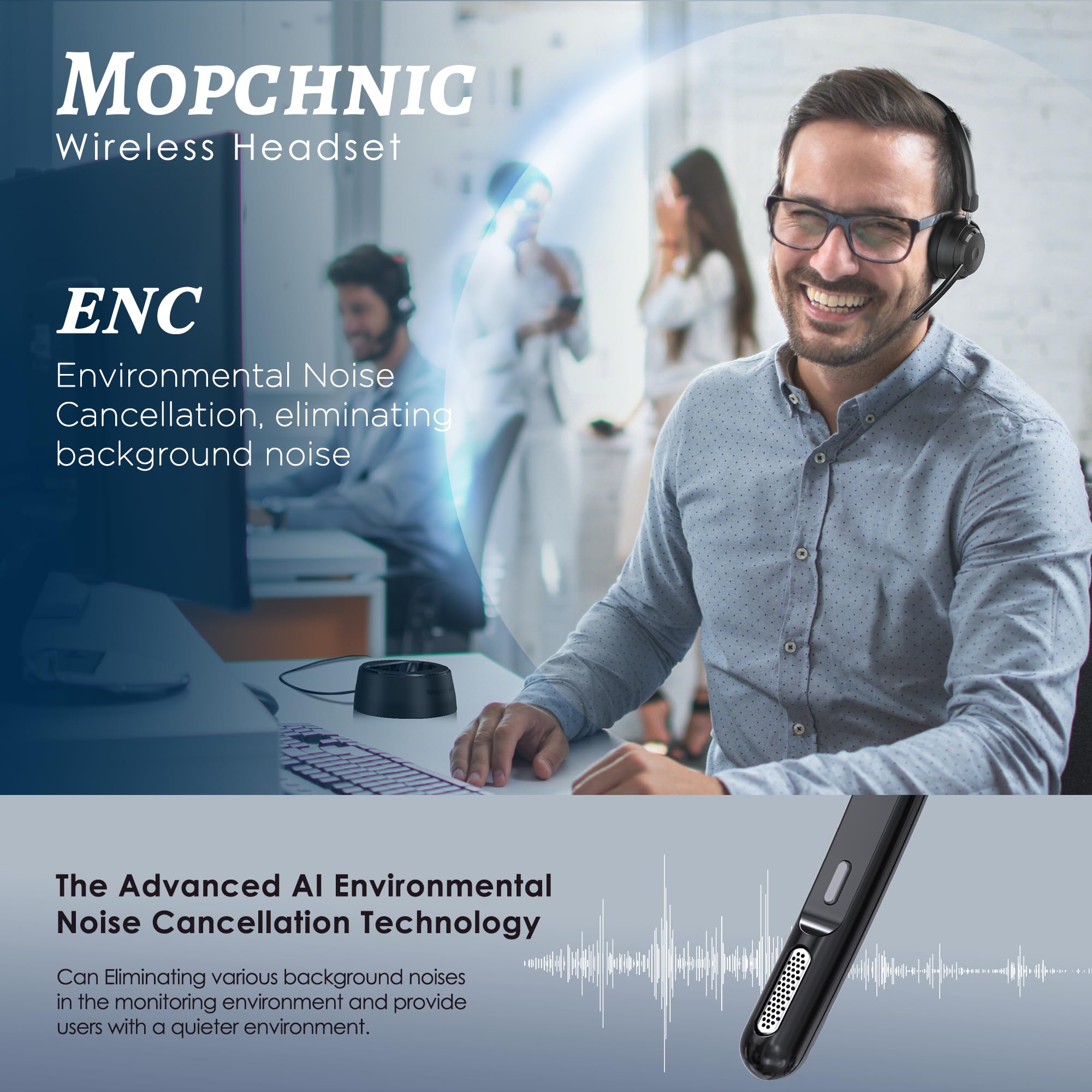 Bluetooth Headset, Wireless Headphone with AI Noise-Canceling Microphone for Computer, On Ear Bluetooth Headset with USB Dongle for Office Call Center Skype Zoom Meeting Online Class (Black)
