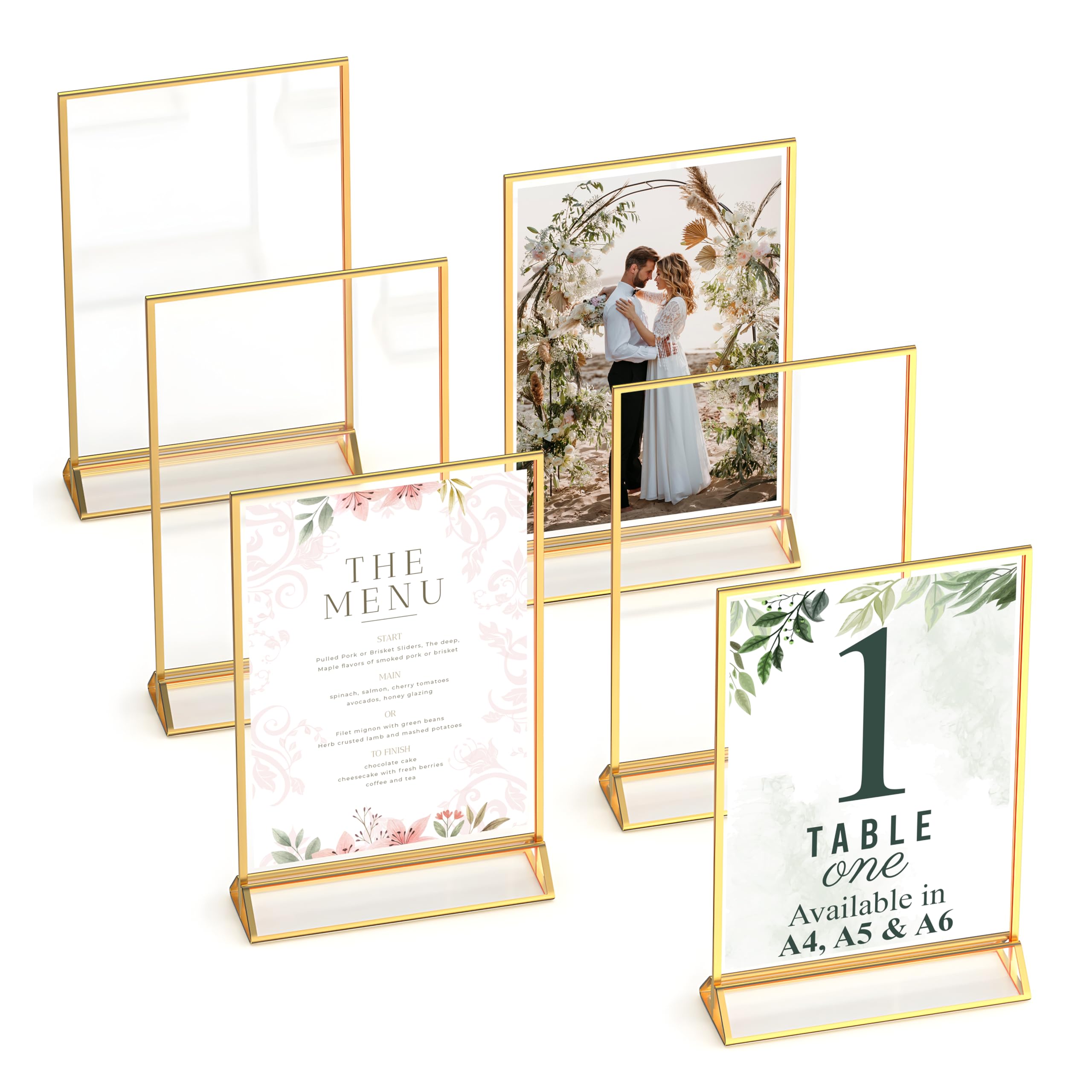 Gold Picture Frames Double-Sided, 6-Pack A6 Acrylic Table Number Holders, Clear Easel Stands for Signs, Gold Frames for Wedding Table Numbers, Menu Holders, and Photo Displays for Events and Décor