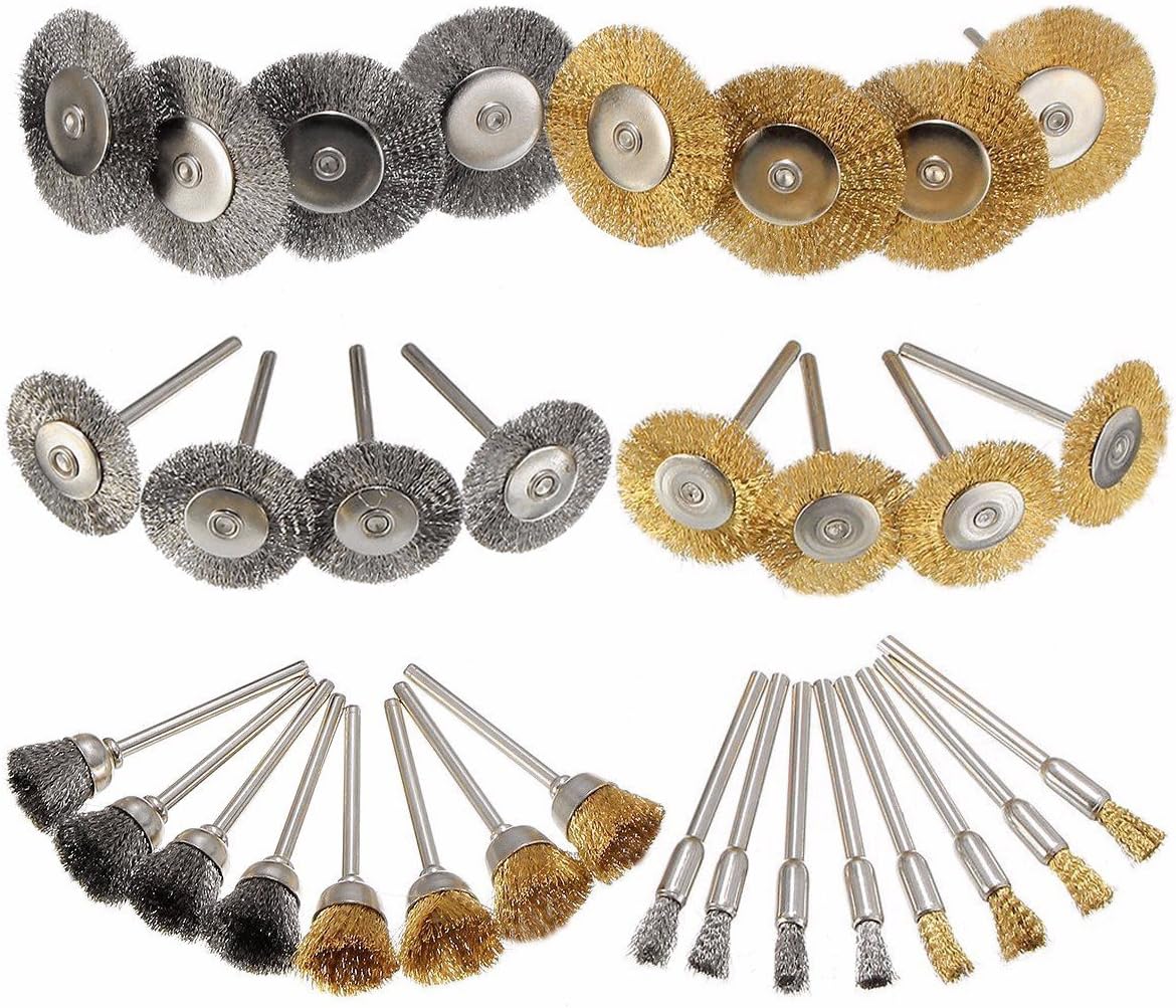 36 Pieces Brass Steel Polishing Rotary Tool Pencil Wire Brush, Wheel Steel Brush, Cup Steel Brush 1/8" (3mm) Shank for Dremel Buffing Accessories