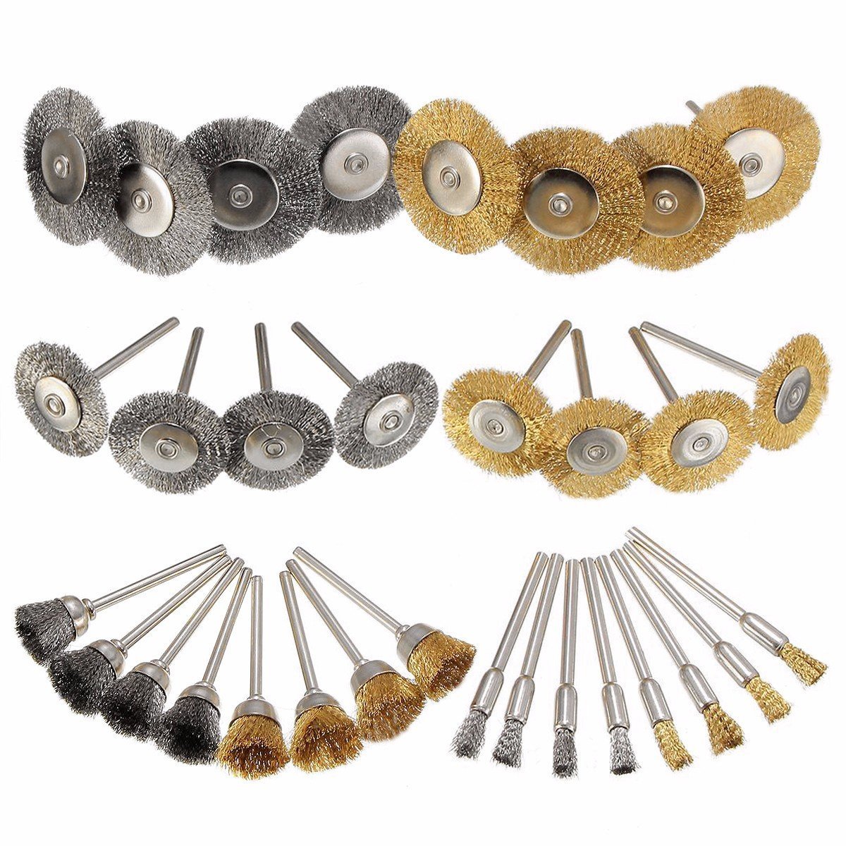 36 Pieces Brass Steel Polishing Rotary Tool Pencil Wire Brush, Wheel and Cup Steel Brushes 1/8" (3mm) Shank for Dremel Buffing Accessories
